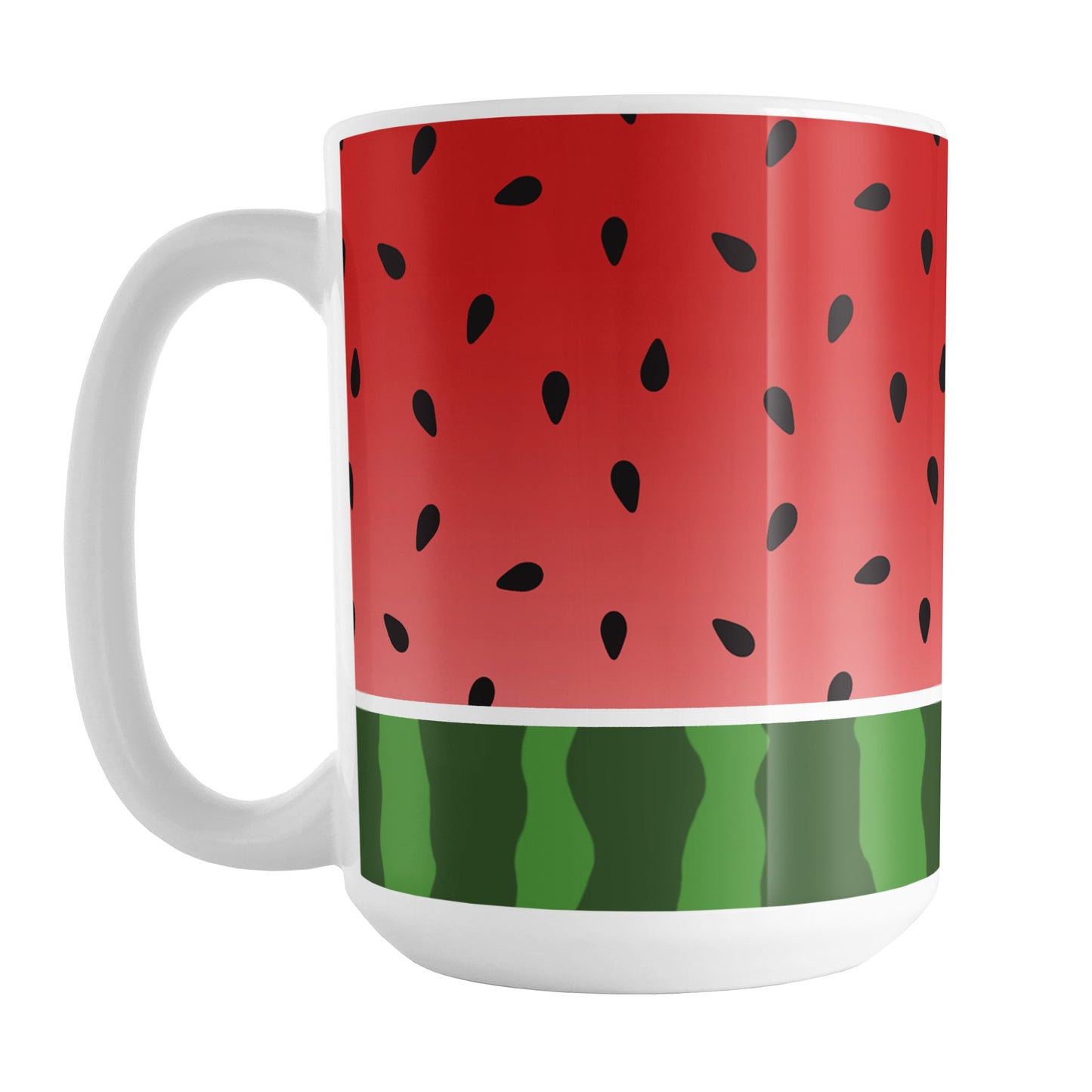 Red and Green Watermelon Mug (15oz) at Amy's Coffee Mugs. A ceramic coffee mug designed with a watermelon black seed pattern complemented by a green stripe watermelon pattern along the bottom. This fruity design wraps around the mug up to the handle.