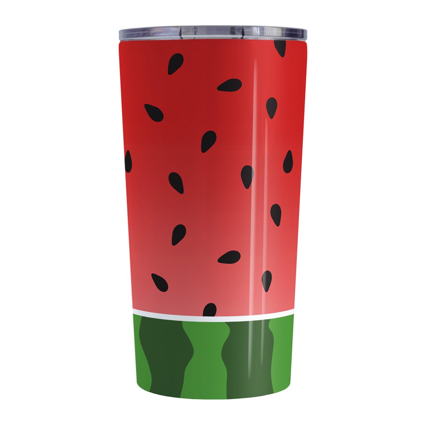 Red and Green Watermelon Tumbler Cup (20oz, stainless steel insulated) at Amy's Coffee Mugs. A tumbler cup designed with a watermelon black seed pattern complemented by a green stripe watermelon pattern along the bottom. This fruity design wraps around the cup.