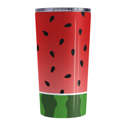 Red and Green Watermelon Tumbler Cup (20oz, stainless steel insulated) at Amy's Coffee Mugs. A tumbler cup designed with a watermelon black seed pattern complemented by a green stripe watermelon pattern along the bottom. This fruity design wraps around the cup.