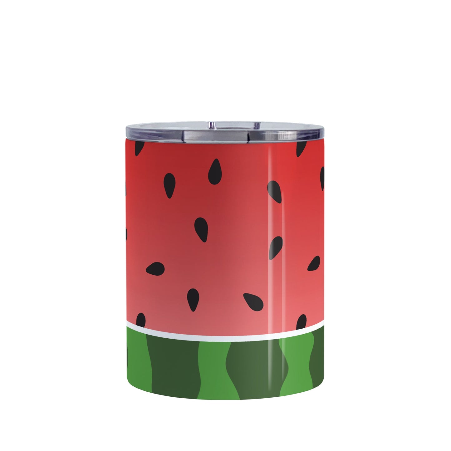 Red and Green Watermelon Tumbler Cup (10oz, stainless steel insulated) at Amy's Coffee Mugs. A tumbler cup designed with a watermelon black seed pattern complemented by a green stripe watermelon pattern along the bottom. This fruity design wraps around the cup.