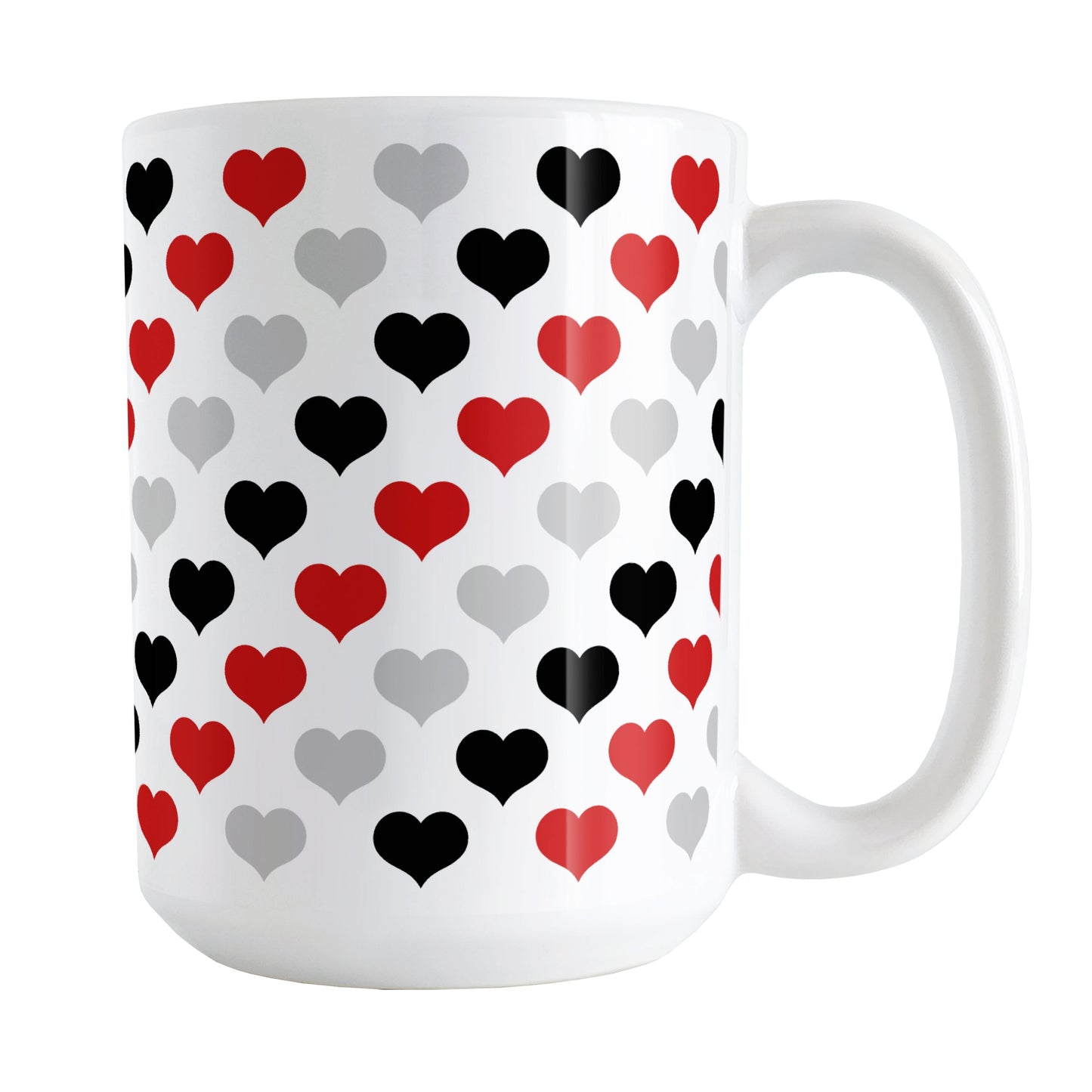 Red Black Gray Hearts Pattern Mug (15oz) at Amy's Coffee Mugs. A ceramic coffee mug designed with a pattern of hearts in black, red, and gray that wraps around the mug up to the handle.