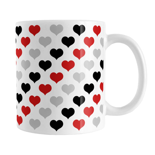 Red Black Gray Hearts Pattern Mug (11oz) at Amy's Coffee Mugs. A ceramic coffee mug designed with a pattern of hearts in black, red, and gray that wraps around the mug up to the handle.