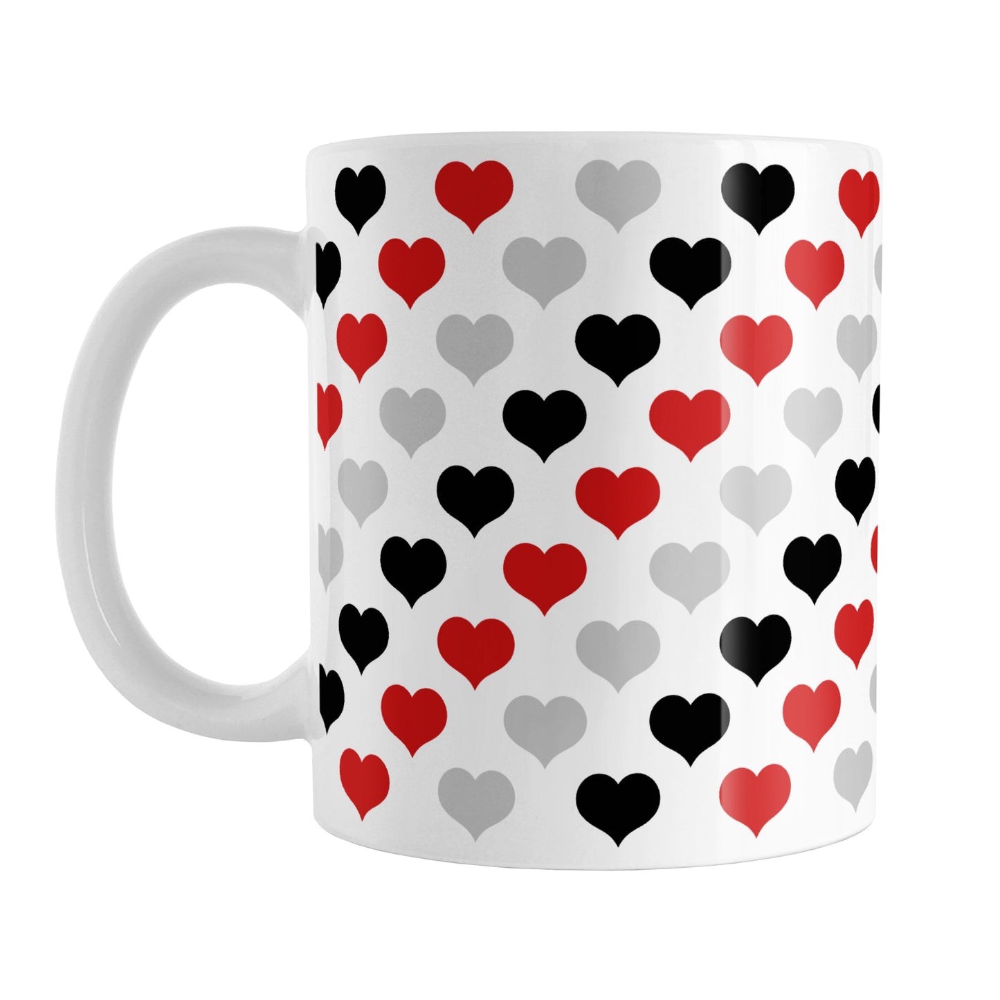 Red Black Gray Hearts Pattern Mug (11oz) at Amy's Coffee Mugs. A ceramic coffee mug designed with a pattern of hearts in black, red, and gray that wraps around the mug up to the handle.
