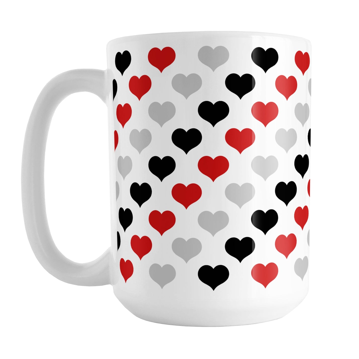 Red Black Gray Hearts Pattern Mug (15oz) at Amy's Coffee Mugs. A ceramic coffee mug designed with a pattern of hearts in black, red, and gray that wraps around the mug up to the handle.
