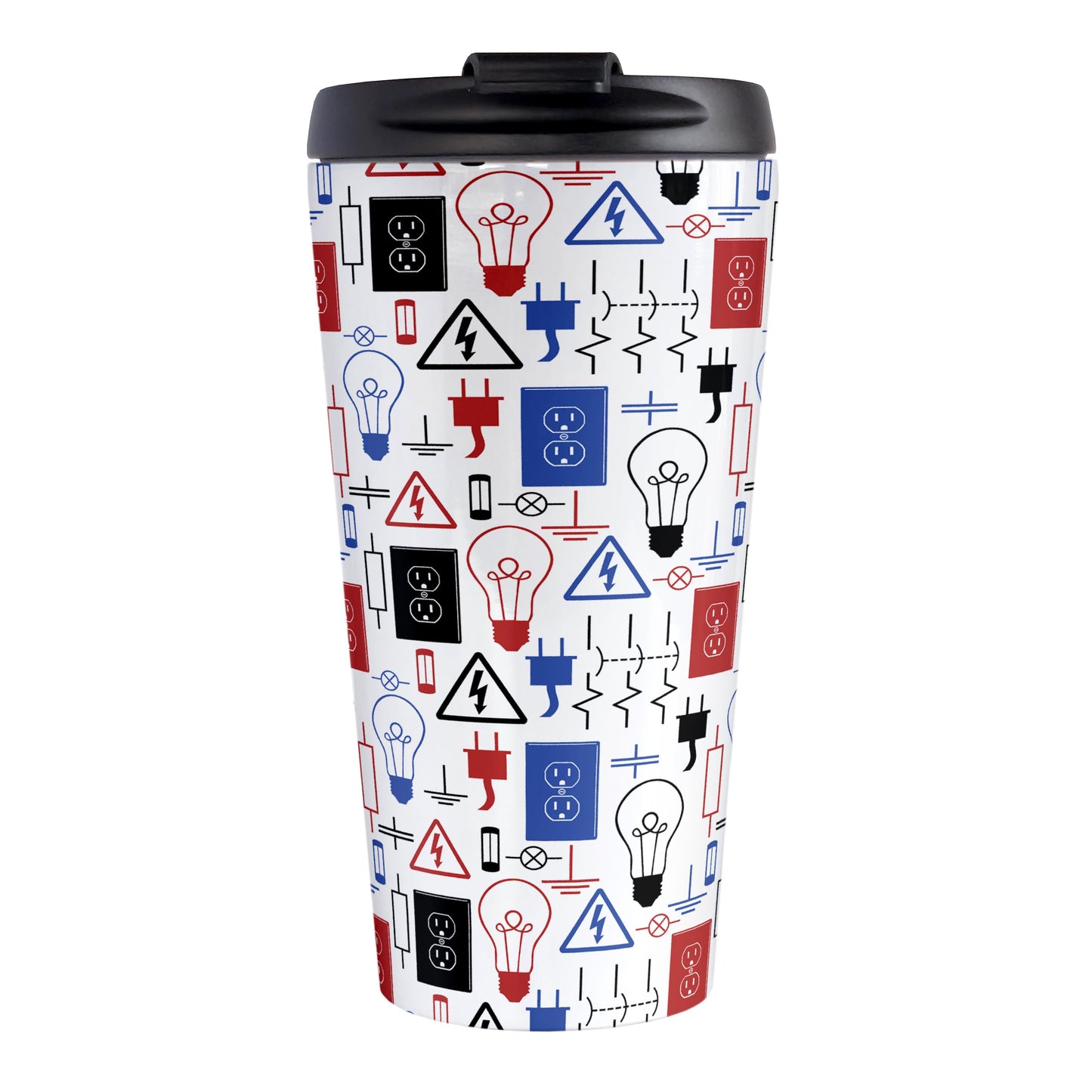 Red Blue Electrical Electrician Travel Mug (15oz) at Amy's Coffee Mugs. A stainless steel travel mug designed with an electrical pattern with light bulbs, wall sockets, plugs, fuses, and other electricity symbols in red, blue, and black colors. This travel mug is perfect for people who work a trade as an electrician or love working with electronics.