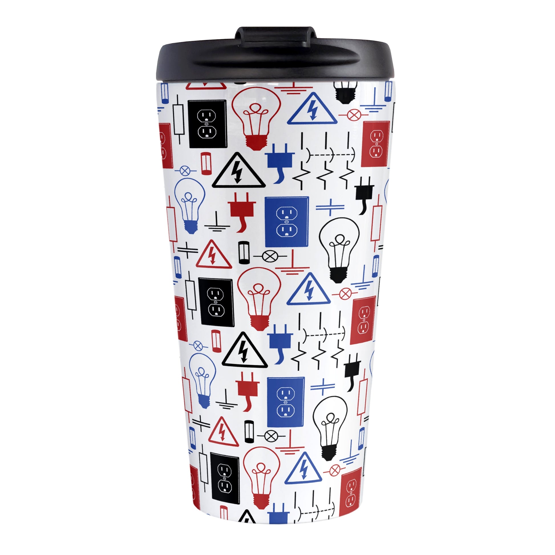 Red Blue Electrical Electrician Travel Mug (15oz) at Amy's Coffee Mugs. A stainless steel travel mug designed with an electrical pattern with light bulbs, wall sockets, plugs, fuses, and other electricity symbols in red, blue, and black colors. This travel mug is perfect for people who work a trade as an electrician or love working with electronics.