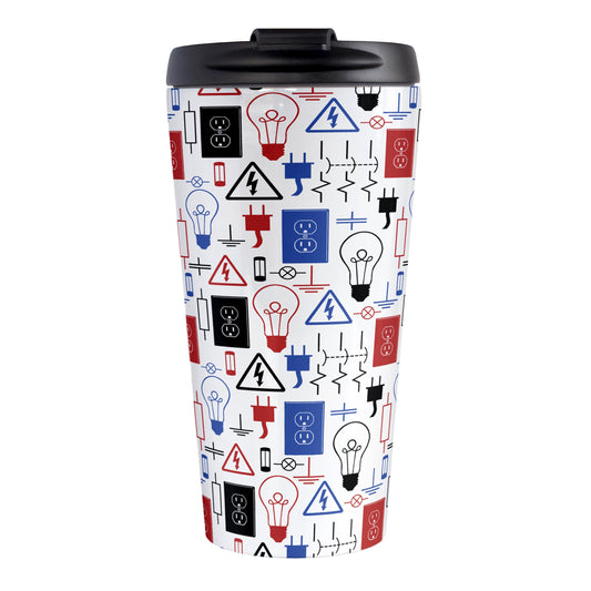 Red Blue Electrical Electrician Travel Mug (15oz) at Amy's Coffee Mugs. A stainless steel travel mug designed with an electrical pattern with light bulbs, wall sockets, plugs, fuses, and other electricity symbols in red, blue, and black colors. This travel mug is perfect for people who work a trade as an electrician or love working with electronics.