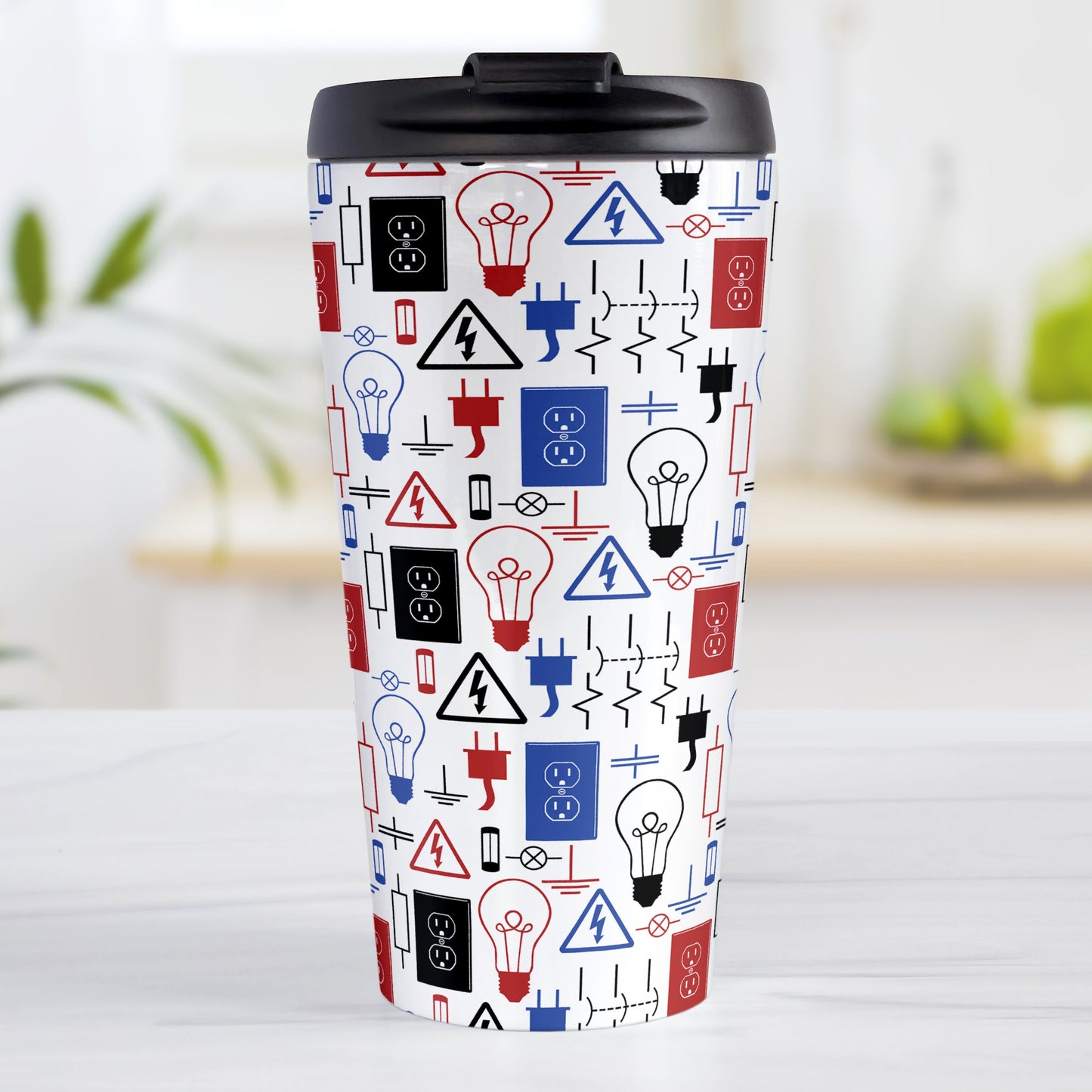 Red Blue Electrical Electrician Travel Mug (15oz) at Amy's Coffee Mugs. A stainless steel travel mug designed with an electrical pattern with light bulbs, wall sockets, plugs, fuses, and other electricity symbols in red, blue, and black colors. This travel mug is perfect for people who work a trade as an electrician or love working with electronics.