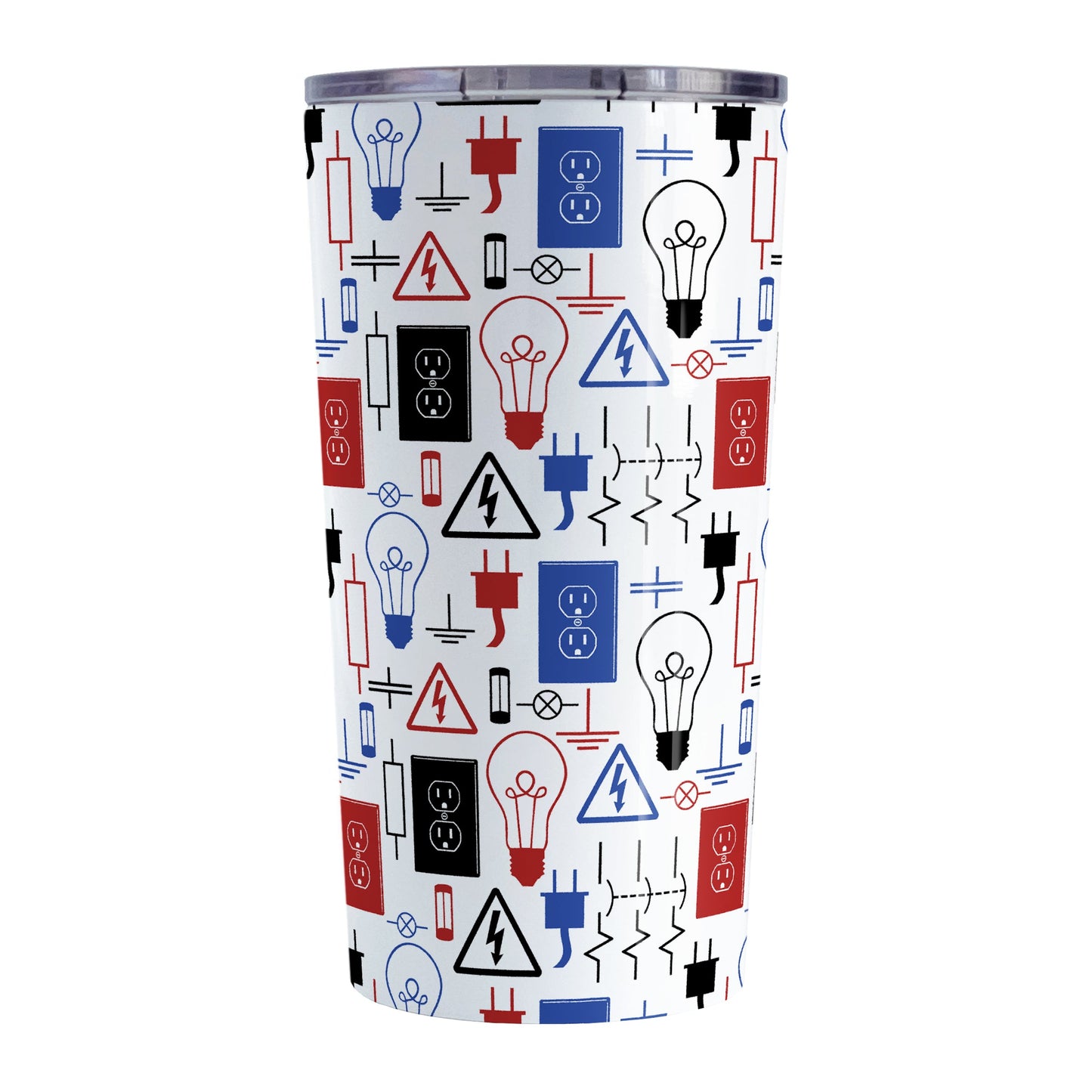 Red Blue Electrical Electrician Tumbler Cup (20oz) at Amy's Coffee Mugs. A stainless steel insulated tumbler cup designed with an electrical pattern with light bulbs, wall sockets, plugs, fuses, and other electricity symbols in red, blue, and black colors that wraps around the cup. This cup is perfect for people who work a trade as an electrician, love working with electronics, and working in electrical engineering.