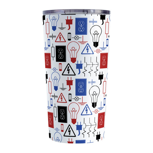 Red Blue Electrical Electrician Tumbler Cup (20oz) at Amy's Coffee Mugs. A stainless steel insulated tumbler cup designed with an electrical pattern with light bulbs, wall sockets, plugs, fuses, and other electricity symbols in red, blue, and black colors that wraps around the cup. This cup is perfect for people who work a trade as an electrician, love working with electronics, and working in electrical engineering.