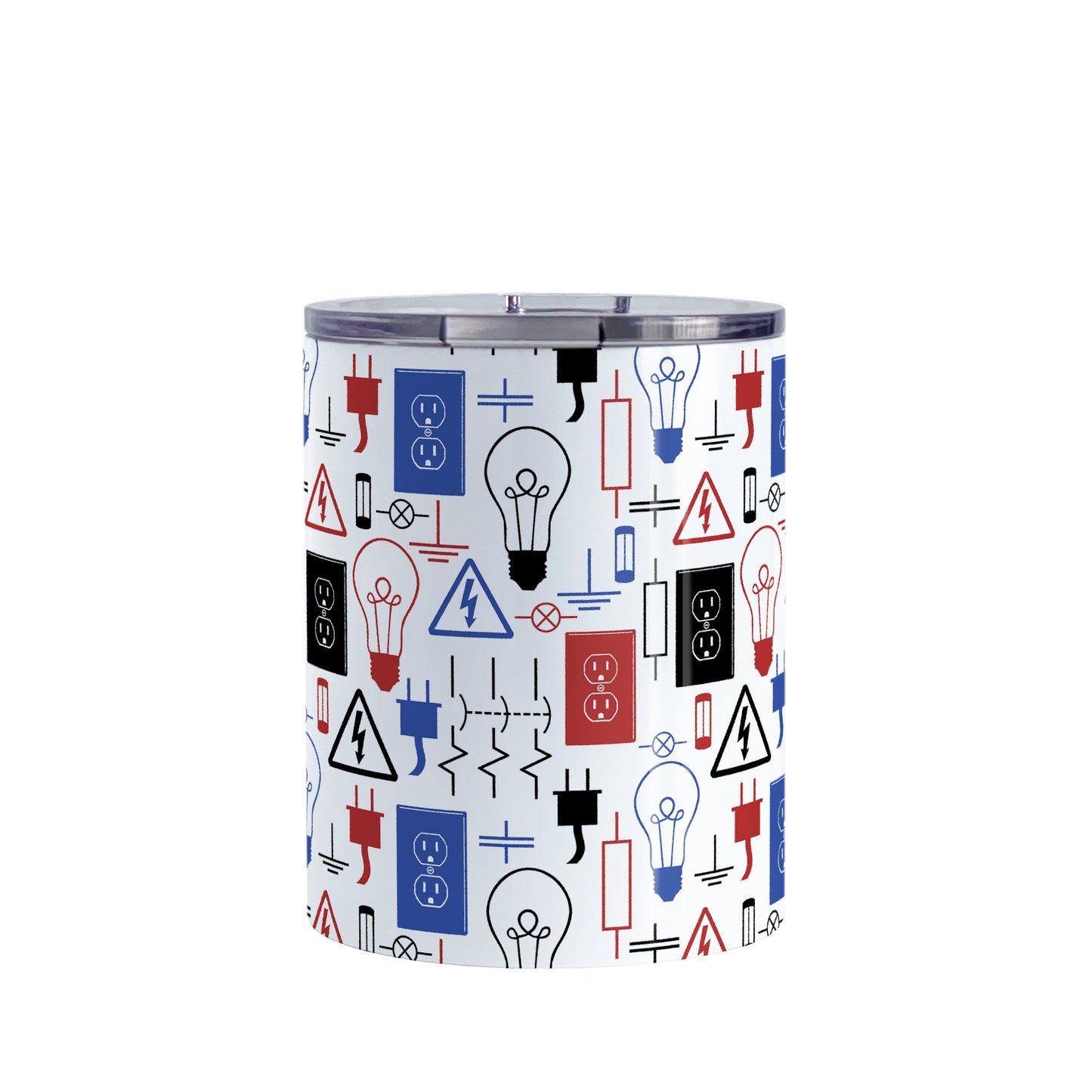 Red Blue Electrical Electrician Tumbler Cup (10oz) at Amy's Coffee Mugs. A stainless steel insulated tumbler cup designed with an electrical pattern with light bulbs, wall sockets, plugs, fuses, and other electricity symbols in red, blue, and black colors that wraps around the cup. This cup is perfect for people who work a trade as an electrician, love working with electronics, and working in electrical engineering.