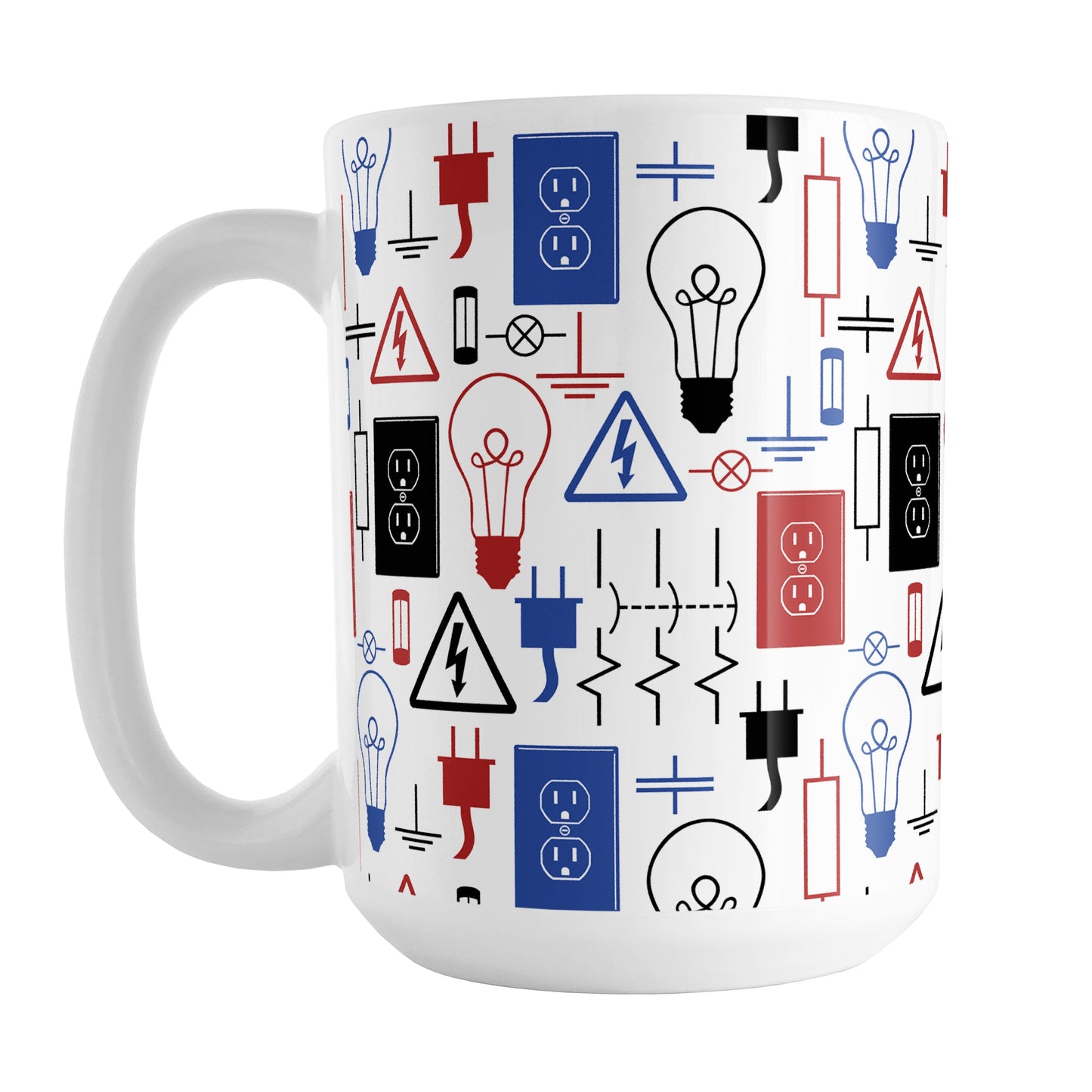 Red Blue Electrical Pattern Mug (15oz) at Amy's Coffee Mugs. A ceramic coffee mug designed with an electrical pattern with light bulbs, wall sockets, plugs, fuses, and other electricity symbols in red, blue, and black colors. This mug is perfect for people who work a trade as an electrician or love working with electronics.