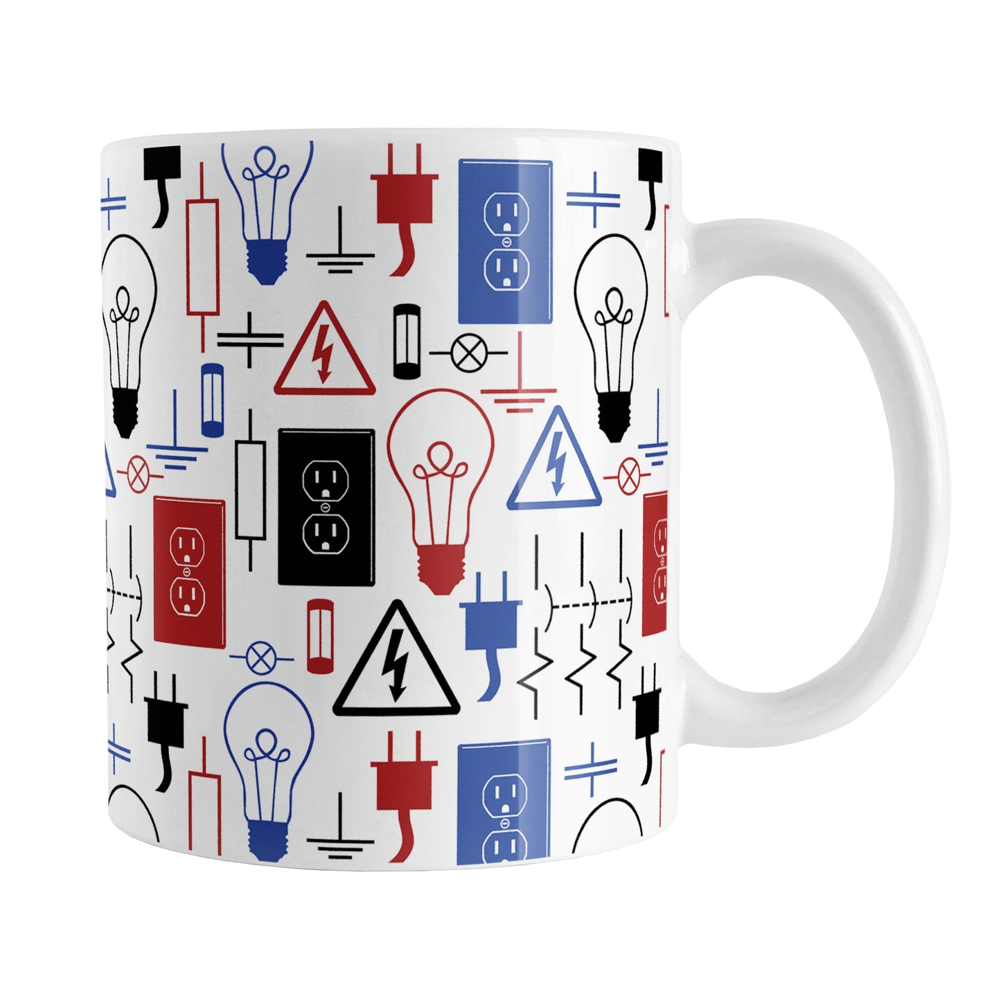 Red Blue Electrical Pattern Mug (11oz) at Amy's Coffee Mugs. A ceramic coffee mug designed with an electrical pattern with light bulbs, wall sockets, plugs, fuses, and other electricity symbols in red, blue, and black colors. This mug is perfect for people who work a trade as an electrician or love working with electronics.