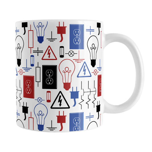 Red Blue Electrical Pattern Mug (11oz) at Amy's Coffee Mugs. A ceramic coffee mug designed with an electrical pattern with light bulbs, wall sockets, plugs, fuses, and other electricity symbols in red, blue, and black colors. This mug is perfect for people who work a trade as an electrician or love working with electronics.