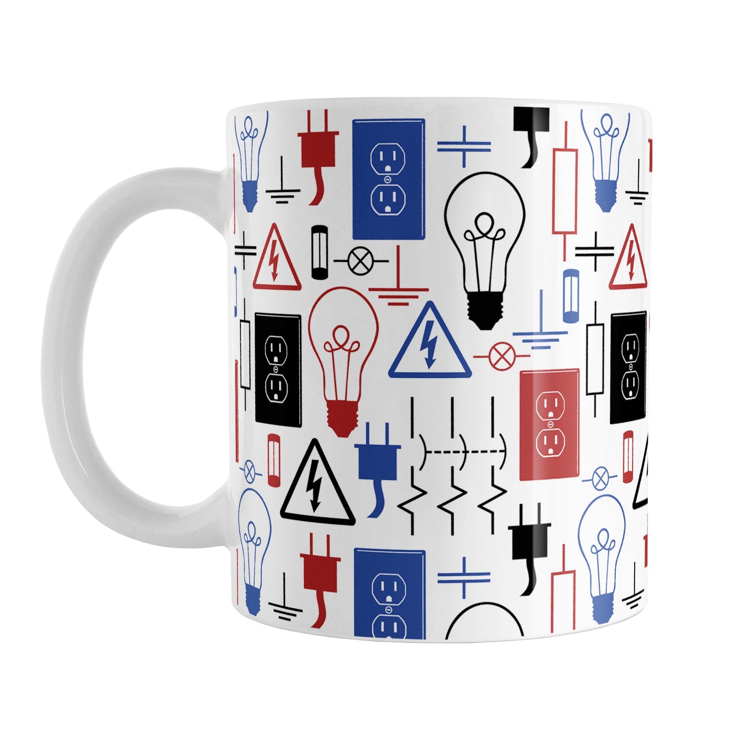 Red Blue Electrical Pattern Mug (11oz) at Amy's Coffee Mugs. A ceramic coffee mug designed with an electrical pattern with light bulbs, wall sockets, plugs, fuses, and other electricity symbols in red, blue, and black colors. This mug is perfect for people who work a trade as an electrician or love working with electronics.