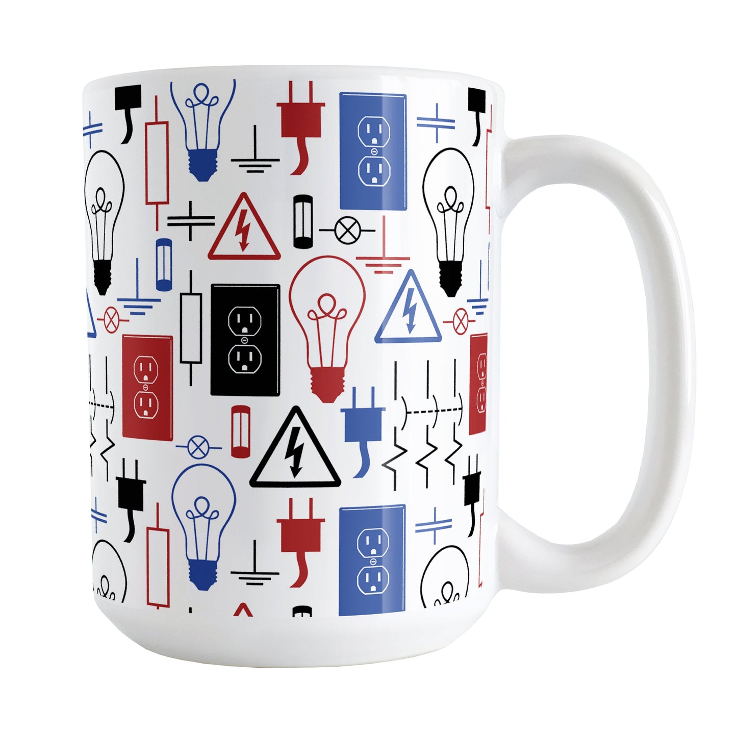 Red Blue Electrical Pattern Mug (15oz) at Amy's Coffee Mugs. A ceramic coffee mug designed with an electrical pattern with light bulbs, wall sockets, plugs, fuses, and other electricity symbols in red, blue, and black colors. This mug is perfect for people who work a trade as an electrician or love working with electronics.