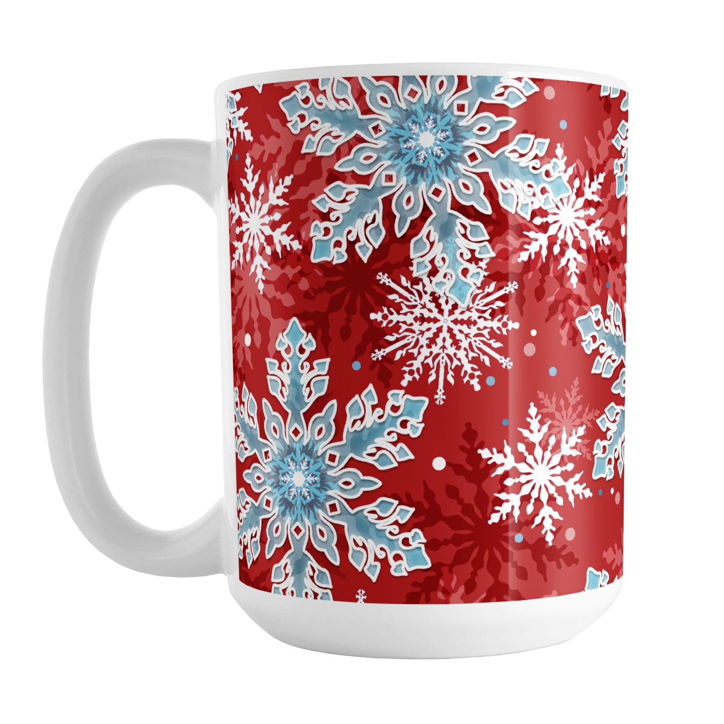 Red Blue Snowflake Pattern Winter Mug (15oz) at Amy's Coffee Mugs. A ceramic coffee mug designed with a pattern of blue and white snowflakes over a red background color that wraps around the mug up to the handle.