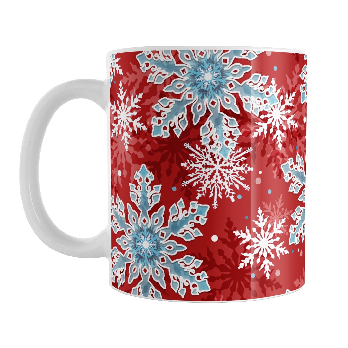 Red Blue Snowflake Pattern Winter Mug (11oz) at Amy's Coffee Mugs. A ceramic coffee mug designed with a pattern of blue and white snowflakes over a red background color that wraps around the mug up to the handle.