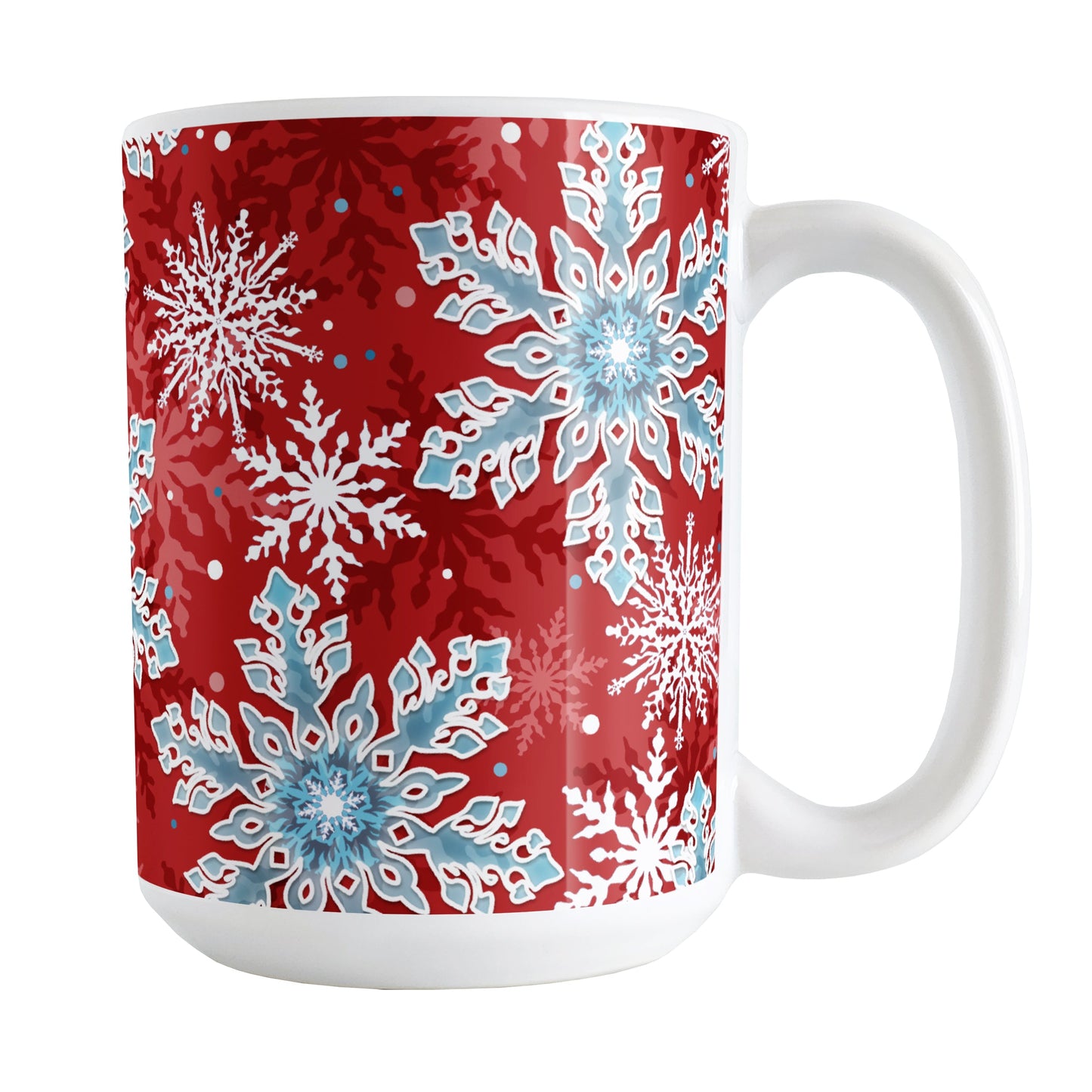Red Blue Snowflake Pattern Winter Mug (15oz) at Amy's Coffee Mugs. A ceramic coffee mug designed with a pattern of blue and white snowflakes over a red background color that wraps around the mug up to the handle.