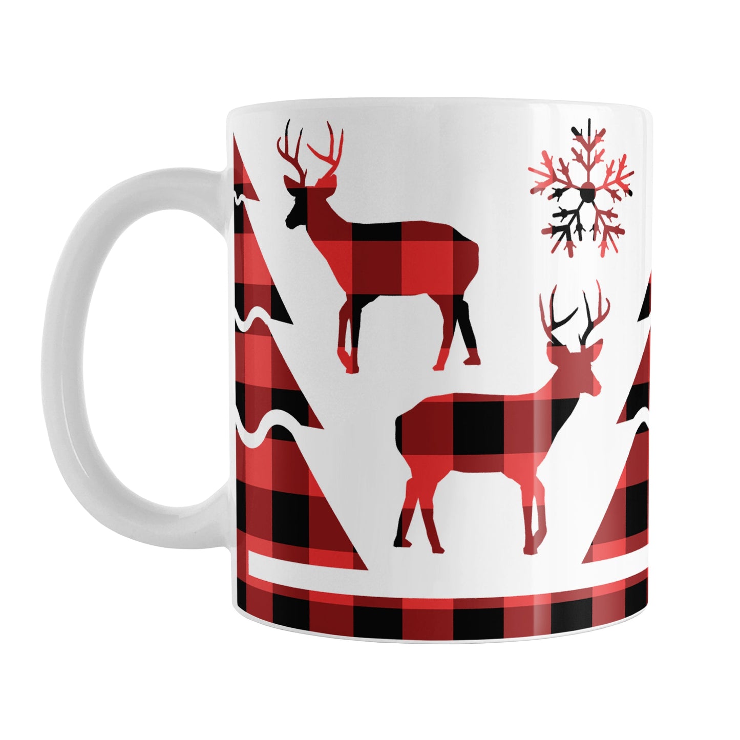 Red Buffalo Plaid Deer and Trees Mug (11oz) at Amy's Coffee Mugs. A ceramic coffee mug designed with deer, winter trees, and snowflakes in a red and black buffalo plaid (buffalo check) pattern over white around the mug up to the handle.