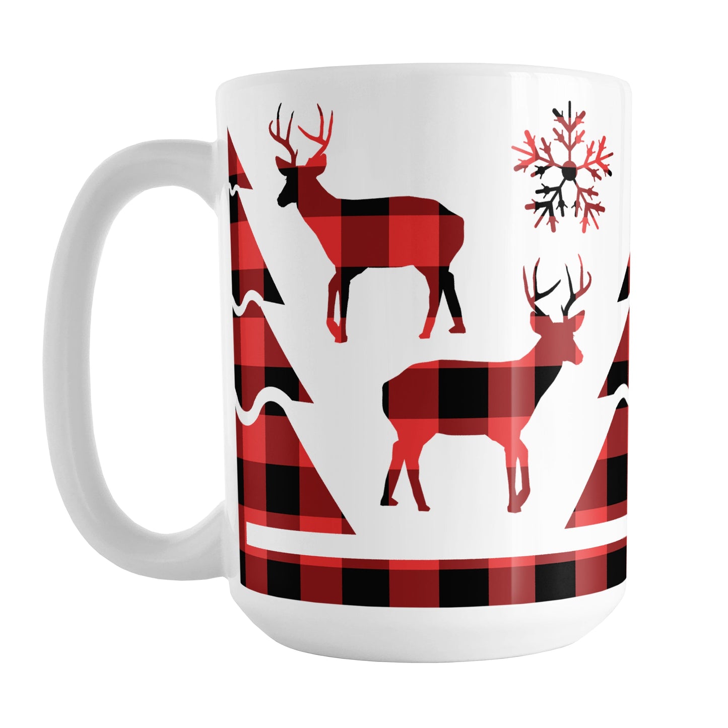 Red Buffalo Plaid Deer and Trees Mug (15oz) at Amy's Coffee Mugs. A ceramic coffee mug designed with deer, winter trees, and snowflakes in a red and black buffalo plaid (buffalo check) pattern over white around the mug up to the handle.