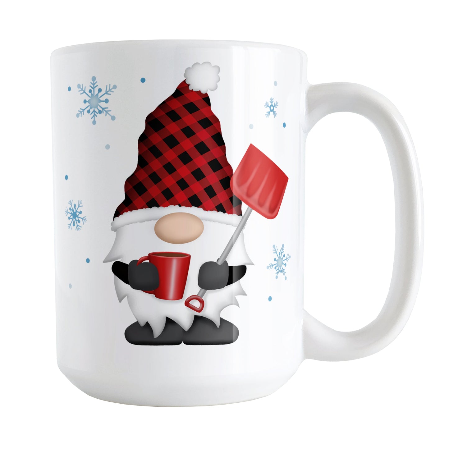 Red Buffalo Plaid Gnome Mug (15oz) at Amy's Coffee Mugs. A ceramic coffee mug designed with a gnome with a red and black buffalo plaid pattern hat and holding a hot beverage and snow shovel with snowflakes around it. This cute buffalo plaid gnome illustration is on both sides of the mug.