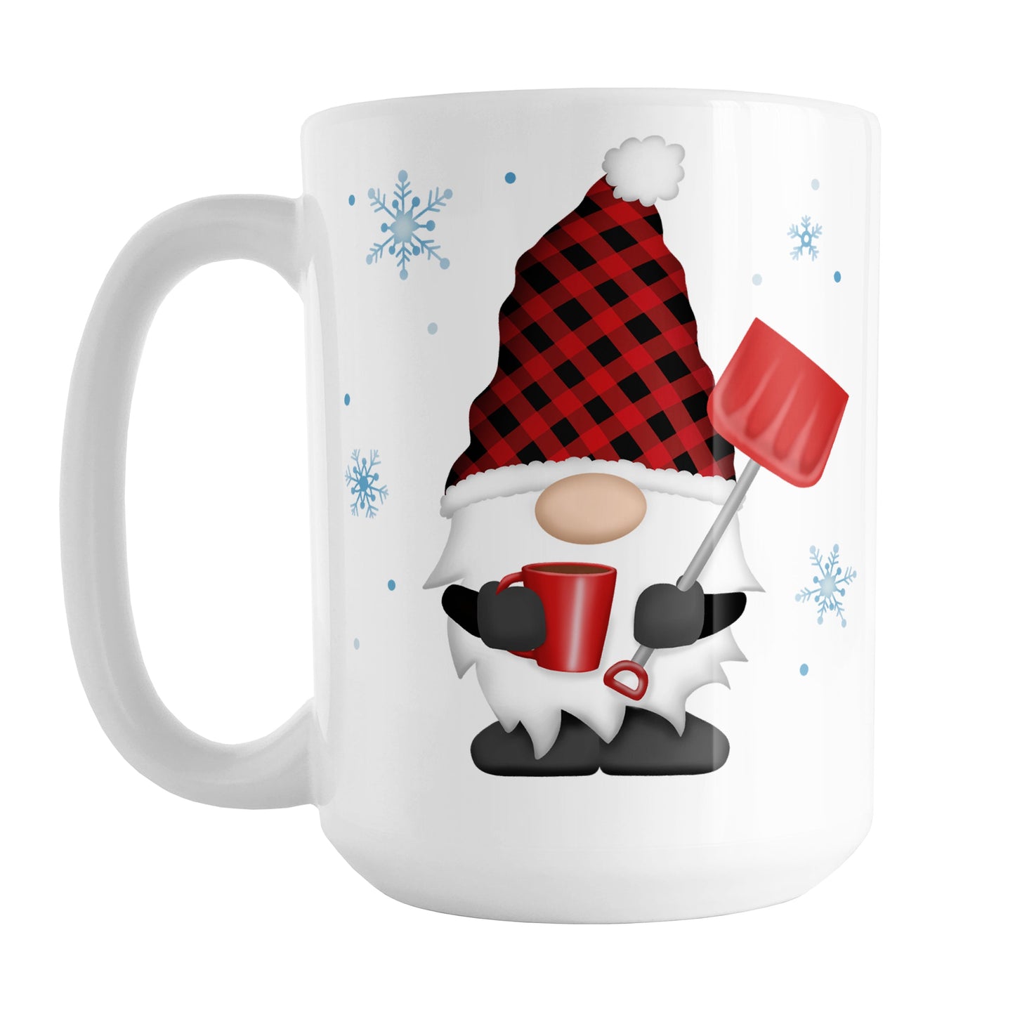 Red Buffalo Plaid Gnome Mug (15oz) at Amy's Coffee Mugs. A ceramic coffee mug designed with a gnome with a red and black buffalo plaid pattern hat and holding a hot beverage and snow shovel with snowflakes around it. This cute buffalo plaid gnome illustration is on both sides of the mug.
