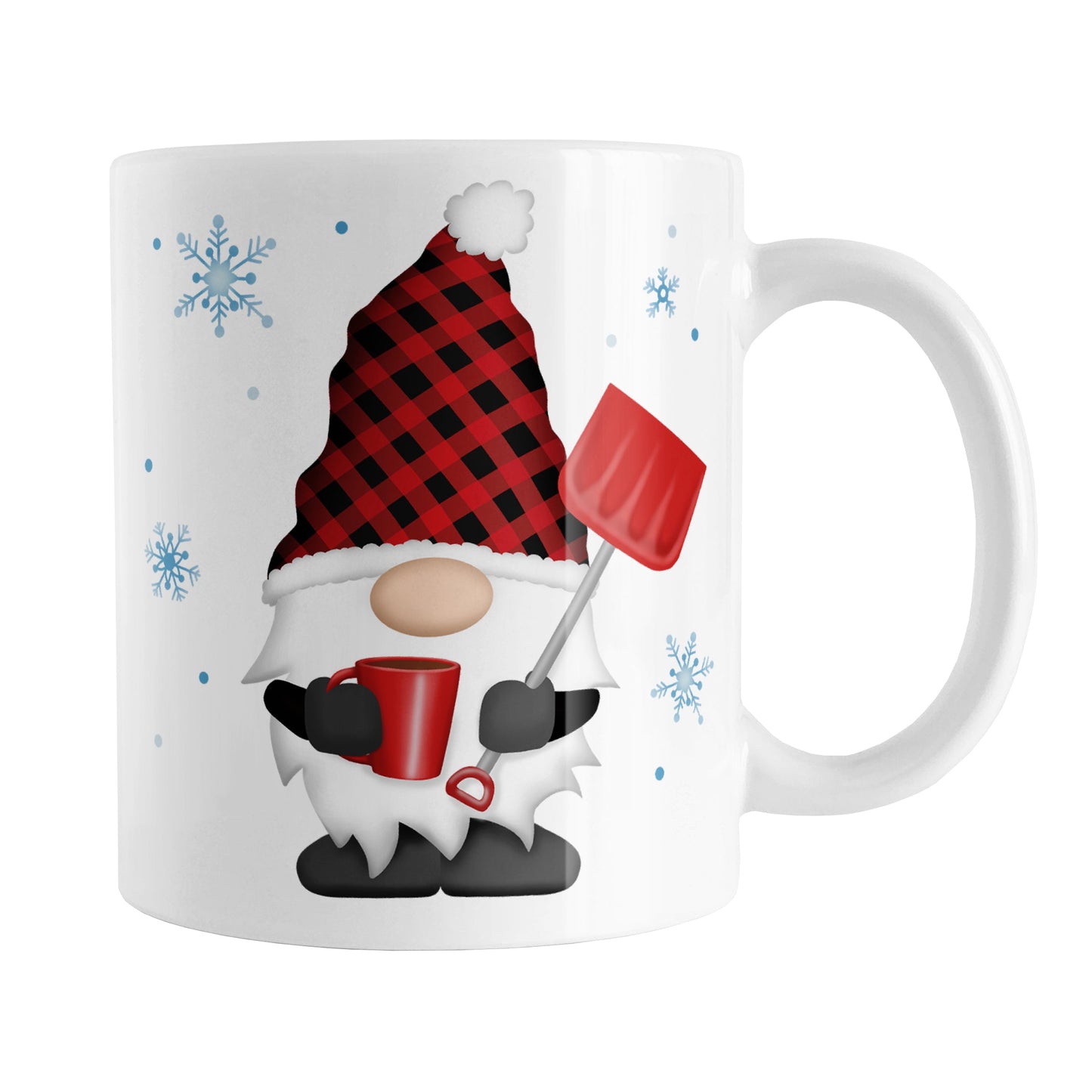Red Buffalo Plaid Gnome Mug (11oz) at Amy's Coffee Mugs. A ceramic coffee mug designed with a gnome with a red and black buffalo plaid pattern hat and holding a hot beverage and snow shovel with snowflakes around it. This cute buffalo plaid gnome illustration is on both sides of the mug.