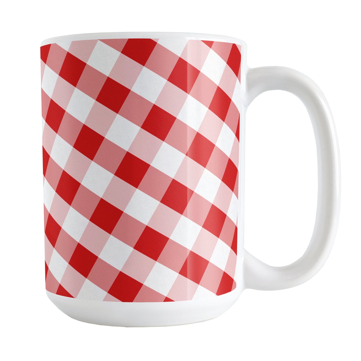 Red Gingham Mug (15oz) at Amy's Coffee Mugs. A ceramic coffee mug designed with a slanted white and red gingham pattern that wraps around the mug up to the handle.