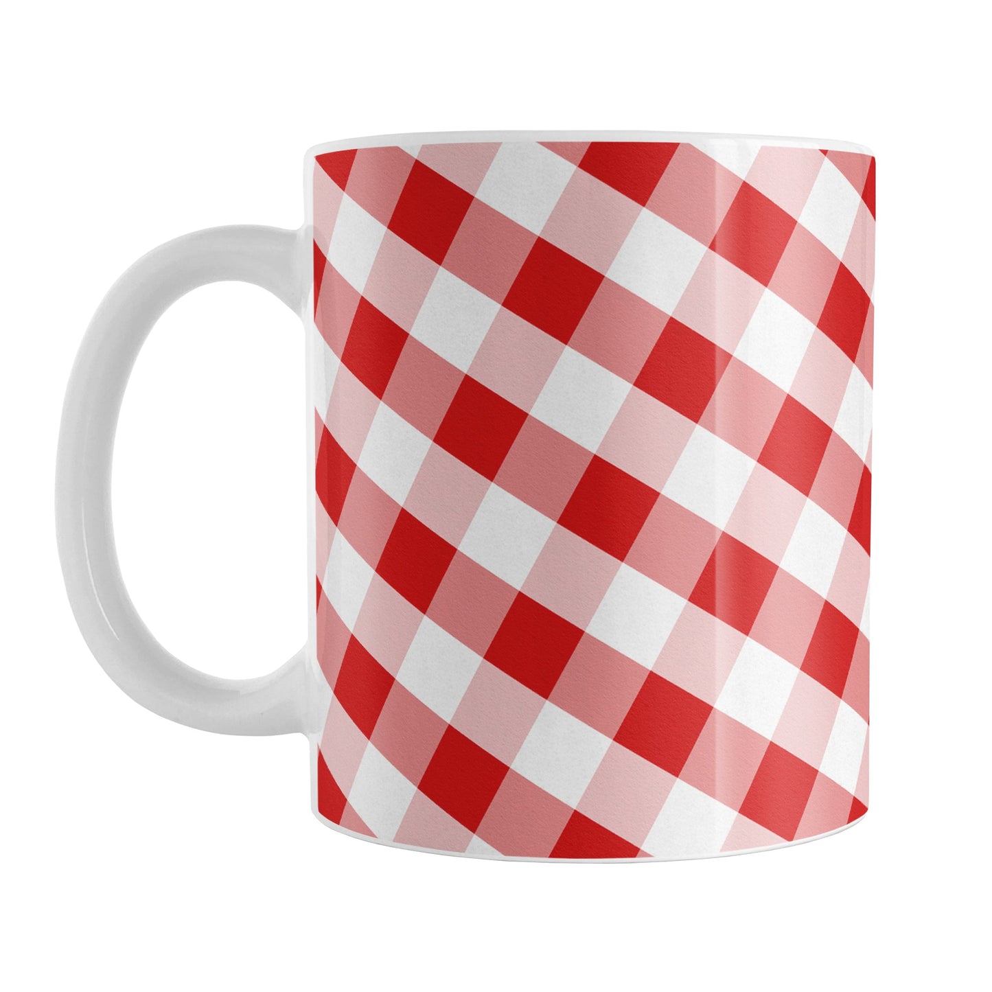 Red Gingham Mug (11oz) at Amy's Coffee Mugs. A ceramic coffee mug designed with a slanted white and red gingham pattern that wraps around the mug up to the handle.