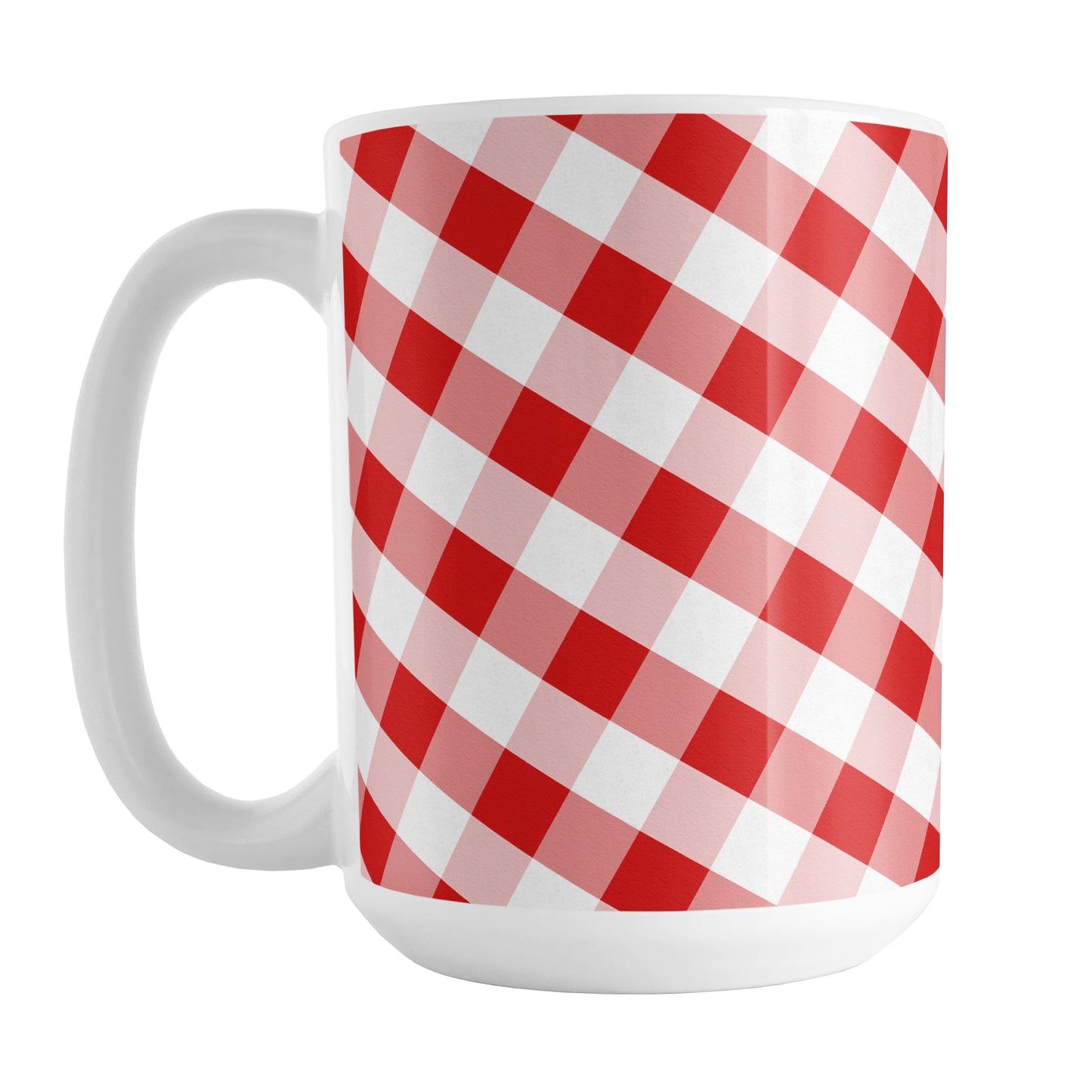 Red Gingham Mug (15oz) at Amy's Coffee Mugs. A ceramic coffee mug designed with a slanted white and red gingham pattern that wraps around the mug up to the handle.