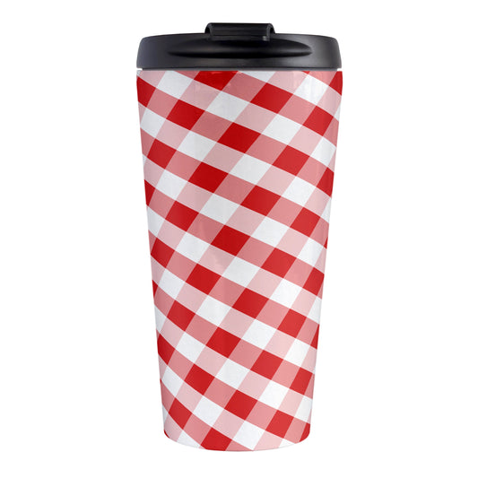 Red Gingham Travel Mug (15oz, stainless steel insulated) at Amy's Coffee Mugs. A travel mug designed with a slanted red and white gingham pattern that wraps around the travel mug.