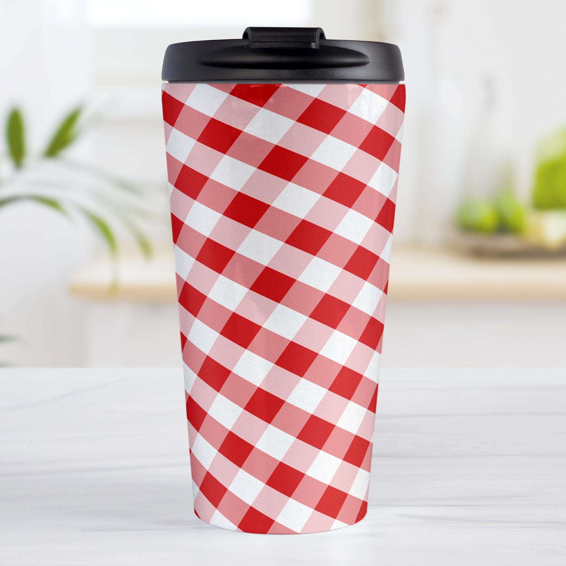 Red Gingham Travel Mug (15oz, stainless steel insulated) at Amy's Coffee Mugs. A travel mug designed with a slanted red and white gingham pattern that wraps around the travel mug.
