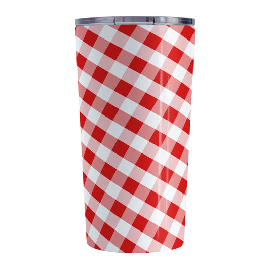 Red Gingham Tumbler Cup (20oz, stainless steel insulated) at Amy's Coffee Mugs. A tumbler cup designed with a slanted red and white gingham pattern that wraps around the cup.