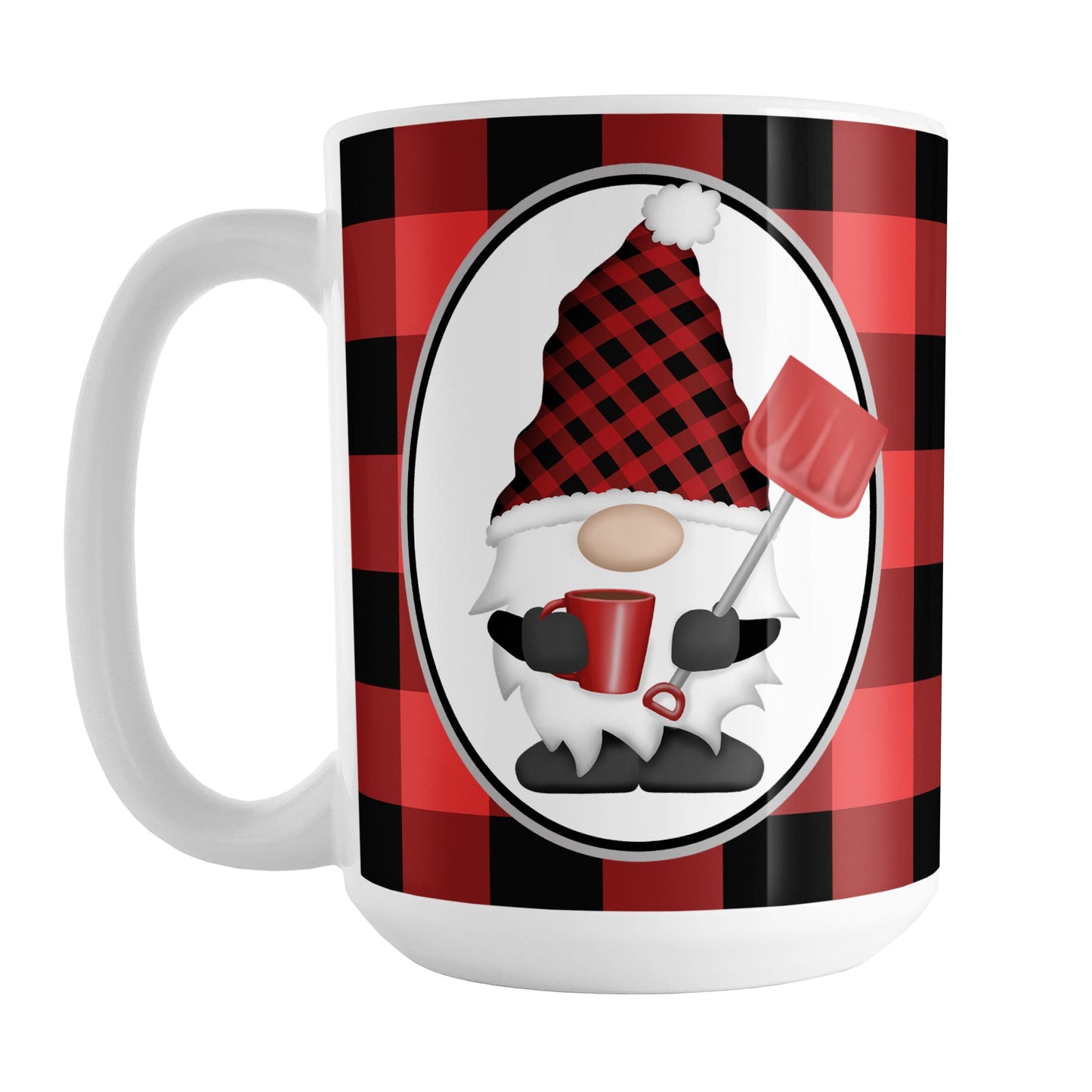 Red Gnome Buffalo Plaid Mug (15oz) at Amy's Coffee Mug. A ceramic coffee mug designed with an adorable gnome wearing a red and black buffalo check hat and holding a hot beverage and a snow shovel in a white oval over a red and black buffalo plaid pattern background that wraps around the mug to the handle.