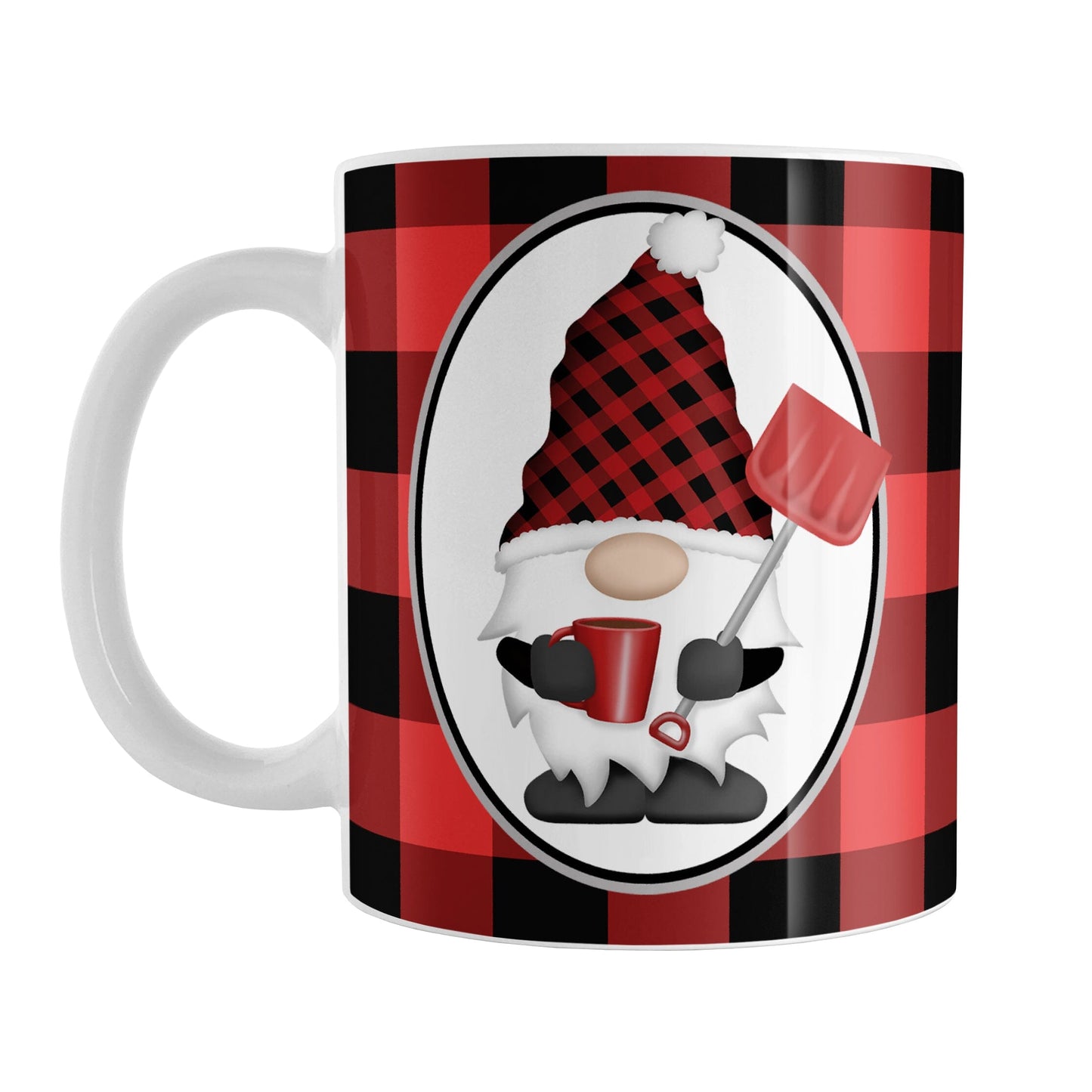 Red Gnome Buffalo Plaid Mug (11oz) at Amy's Coffee Mug. A ceramic coffee mug designed with an adorable gnome wearing a red and black buffalo check hat and holding a hot beverage and a snow shovel in a white oval over a red and black buffalo plaid pattern background that wraps around the mug to the handle.
