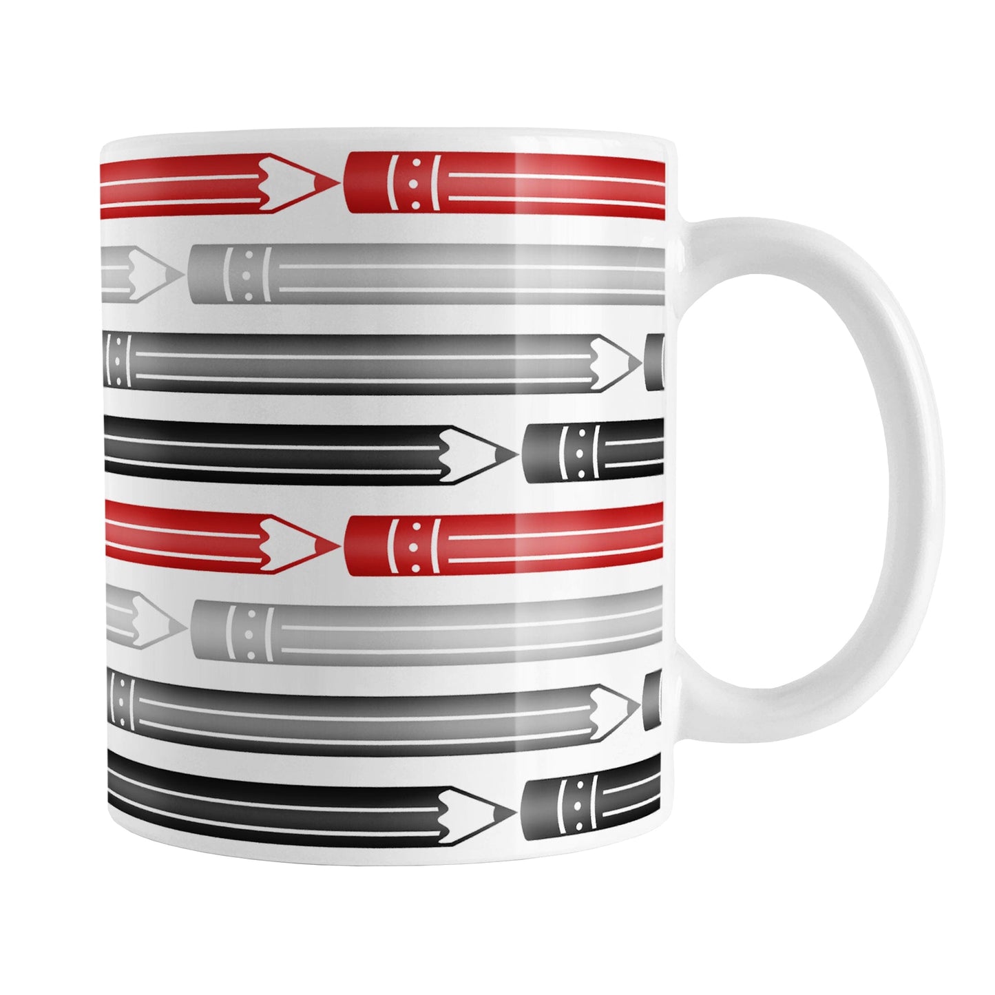 Red Gray Black Pencils Pattern Mug (11oz) at Amy's Coffee Mugs. A ceramic coffee mug designed with horizontal pencils in red, gray, and black, stacked in a pattern that wraps around the mug to the handle.