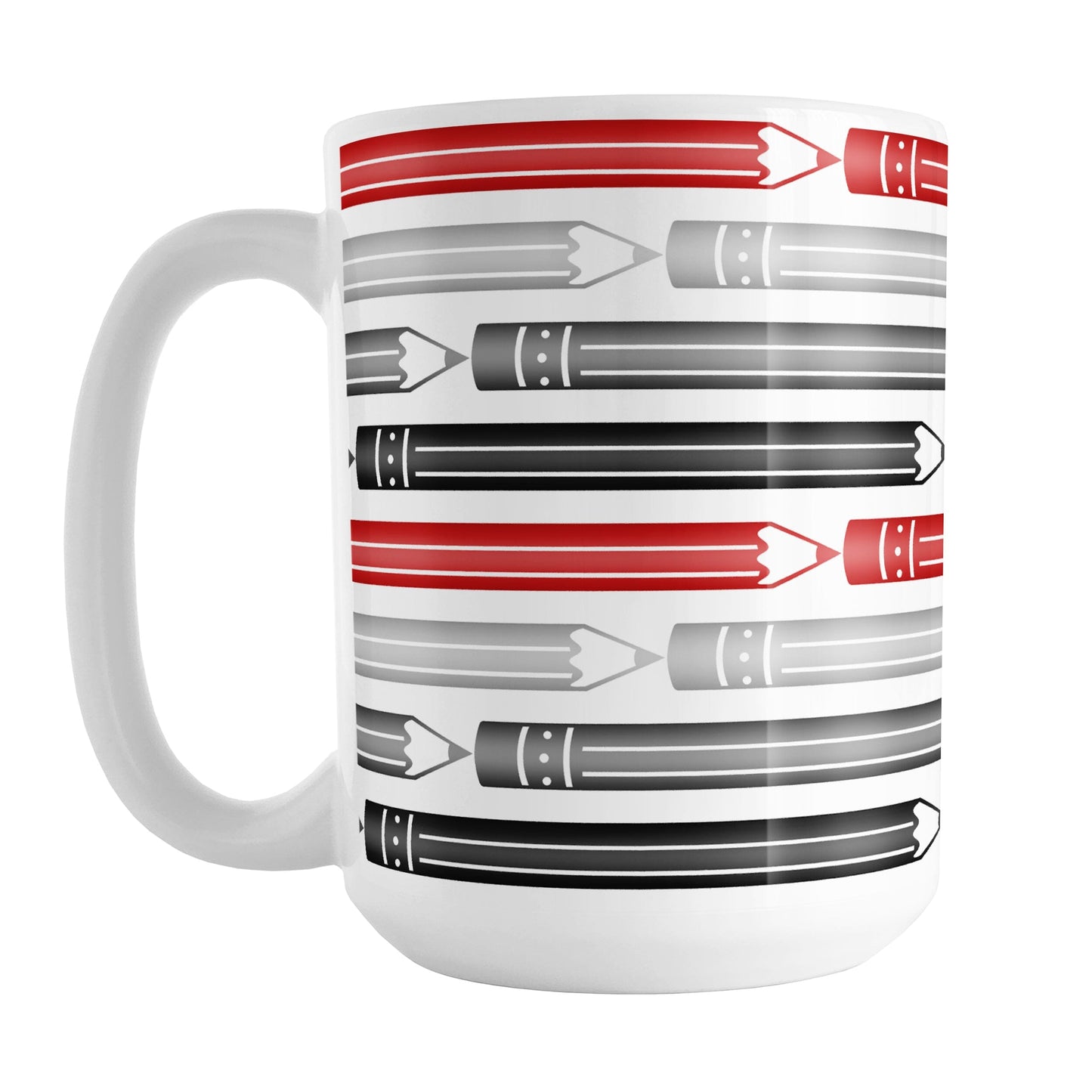 Red Gray Black Pencils Pattern Mug (15oz) at Amy's Coffee Mugs. A ceramic coffee mug designed with horizontal pencils in red, gray, and black, stacked in a pattern that wraps around the mug to the handle.