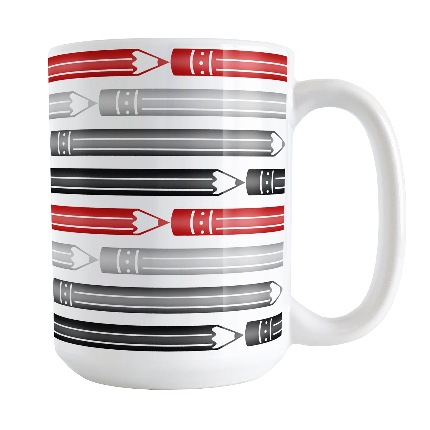 Red Gray Black Pencils Pattern Mug (15oz) at Amy's Coffee Mugs. A ceramic coffee mug designed with horizontal pencils in red, gray, and black, stacked in a pattern that wraps around the mug to the handle.