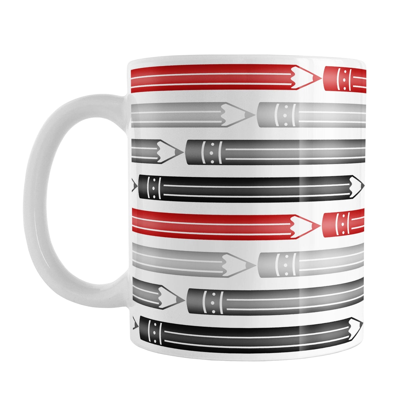 Red Gray Black Pencils Pattern Mug (11oz) at Amy's Coffee Mugs. A ceramic coffee mug designed with horizontal pencils in red, gray, and black, stacked in a pattern that wraps around the mug to the handle.