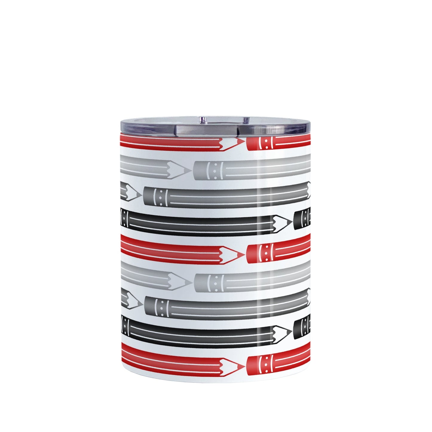 Red Gray Black Pencils Pattern Tumbler Cup (10oz) at Amy's Coffee Mugs. A stainless steel tumbler cup designed with horizontal pencils in red, gray, and black, stacked in a pattern that wraps around the cup.