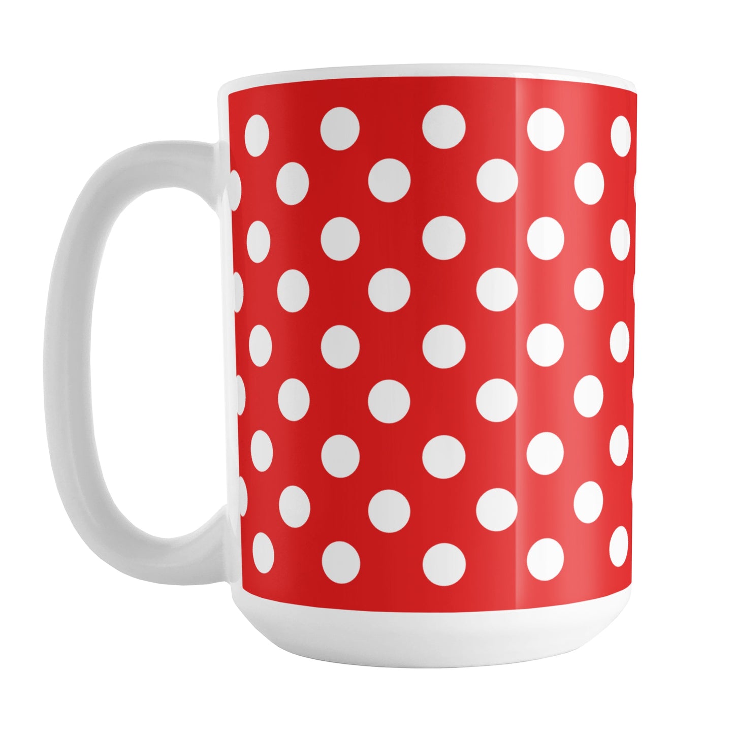 Red Polka Dot Mug (15oz) at Amy's Coffee Mugs. A ceramic coffee mug designed with a pattern of white polka dots over a red background color that wraps around the mug up to the handle.