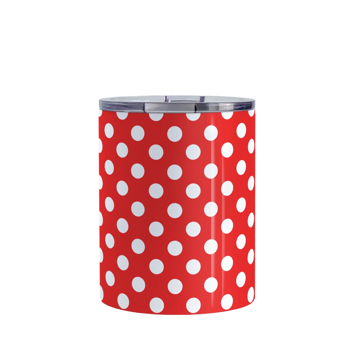 Red Polka Dot Tumbler Cup (10oz, stainless steel insulated) at Amy's Coffee Mugs. A tumbler cup designed with a pattern of white polka dots over a red background color that wraps around the cup.