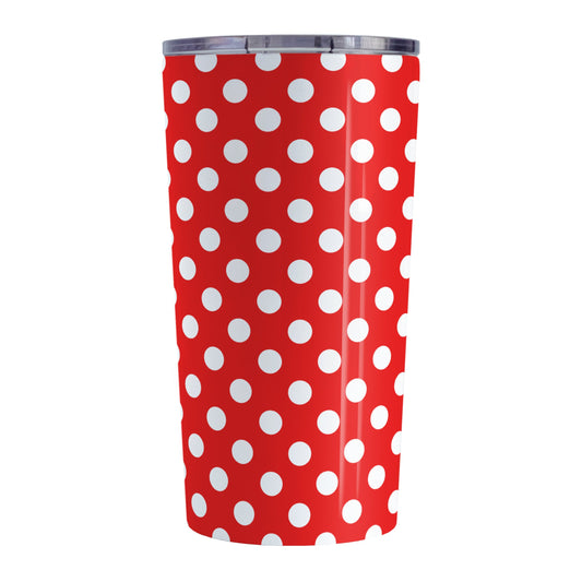 Red Polka Dot Tumbler Cup (20oz, stainless steel insulated) at Amy's Coffee Mugs. A tumbler cup designed with a pattern of white polka dots over a red background color that wraps around the cup.