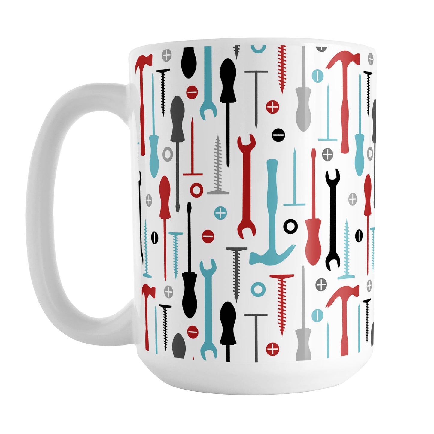 Red Turquoise Tools Pattern Mug (15oz) at Amy's Coffee Mugs. A ceramic coffee mug with a modern style pattern of tools in red, turquoise, black, and gray over white that wraps around the mug to the handle. Perfect for any handyman or contractor.