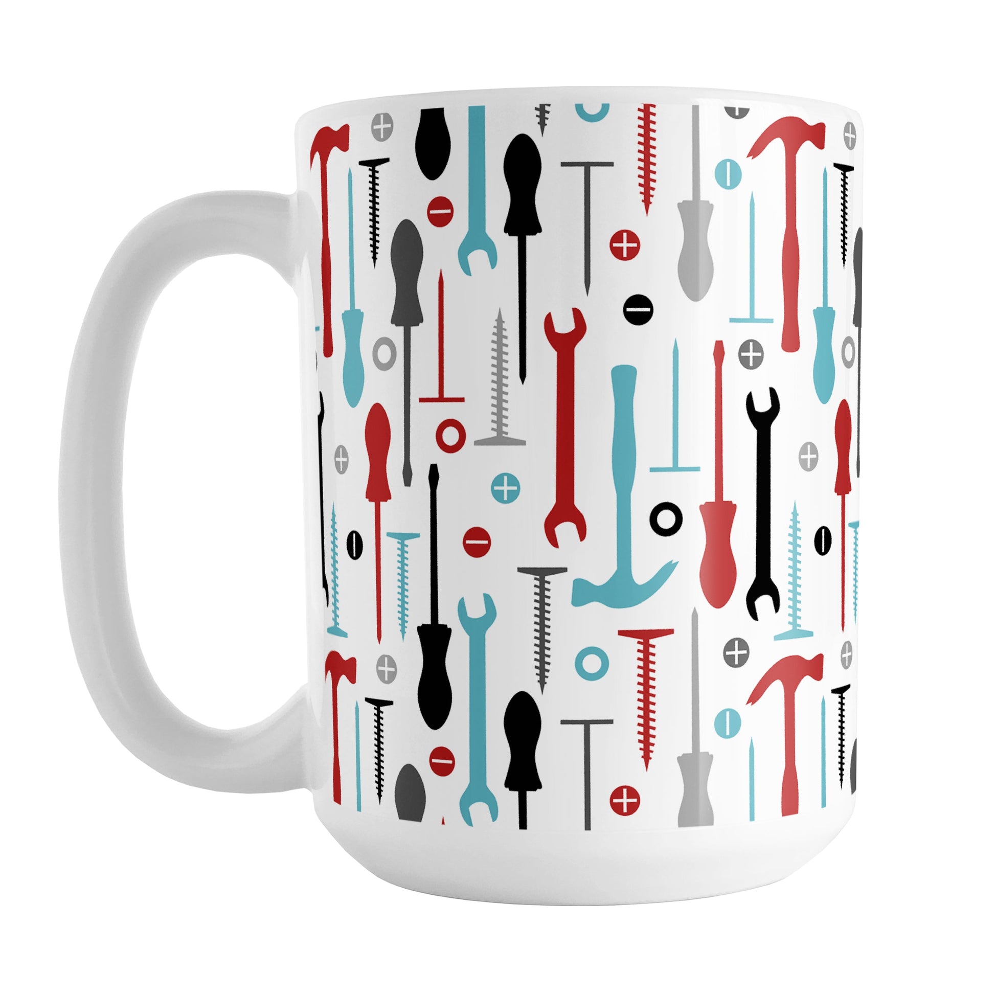 Red Turquoise Tools Pattern Mug (15oz) at Amy's Coffee Mugs. A ceramic coffee mug with a modern style pattern of tools in red, turquoise, black, and gray over white that wraps around the mug to the handle. Perfect for any handyman or contractor.