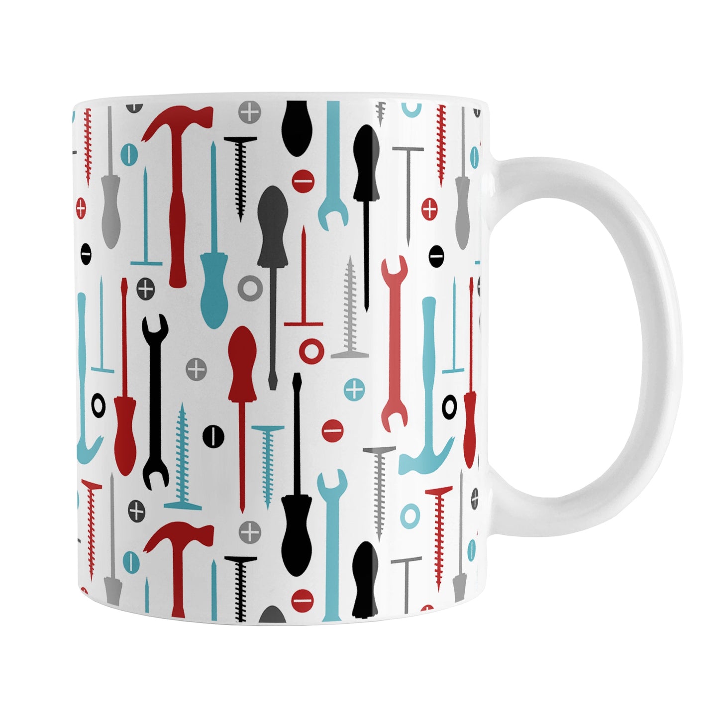 Red Turquoise Tools Pattern Mug (11oz) at Amy's Coffee Mugs. A ceramic coffee mug with a modern style pattern of tools in red, turquoise, black, and gray over white that wraps around the mug to the handle. Perfect for any handyman or contractor.