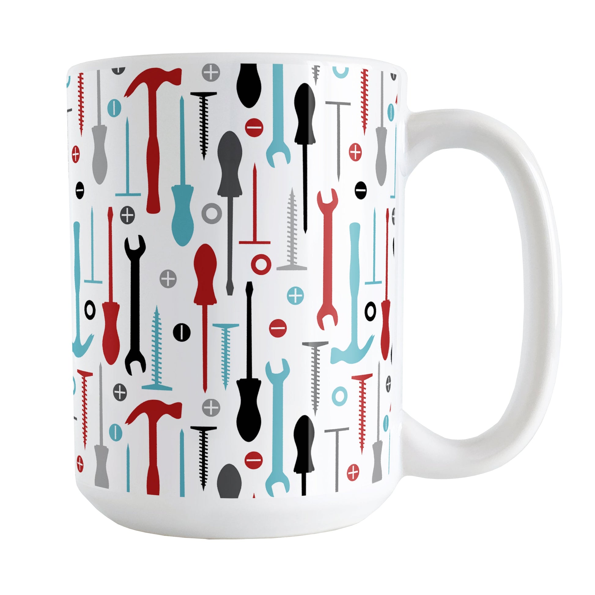 Red Turquoise Tools Pattern Mug (15oz) at Amy's Coffee Mugs. A ceramic coffee mug with a modern style pattern of tools in red, turquoise, black, and gray over white that wraps around the mug to the handle. Perfect for any handyman or contractor.