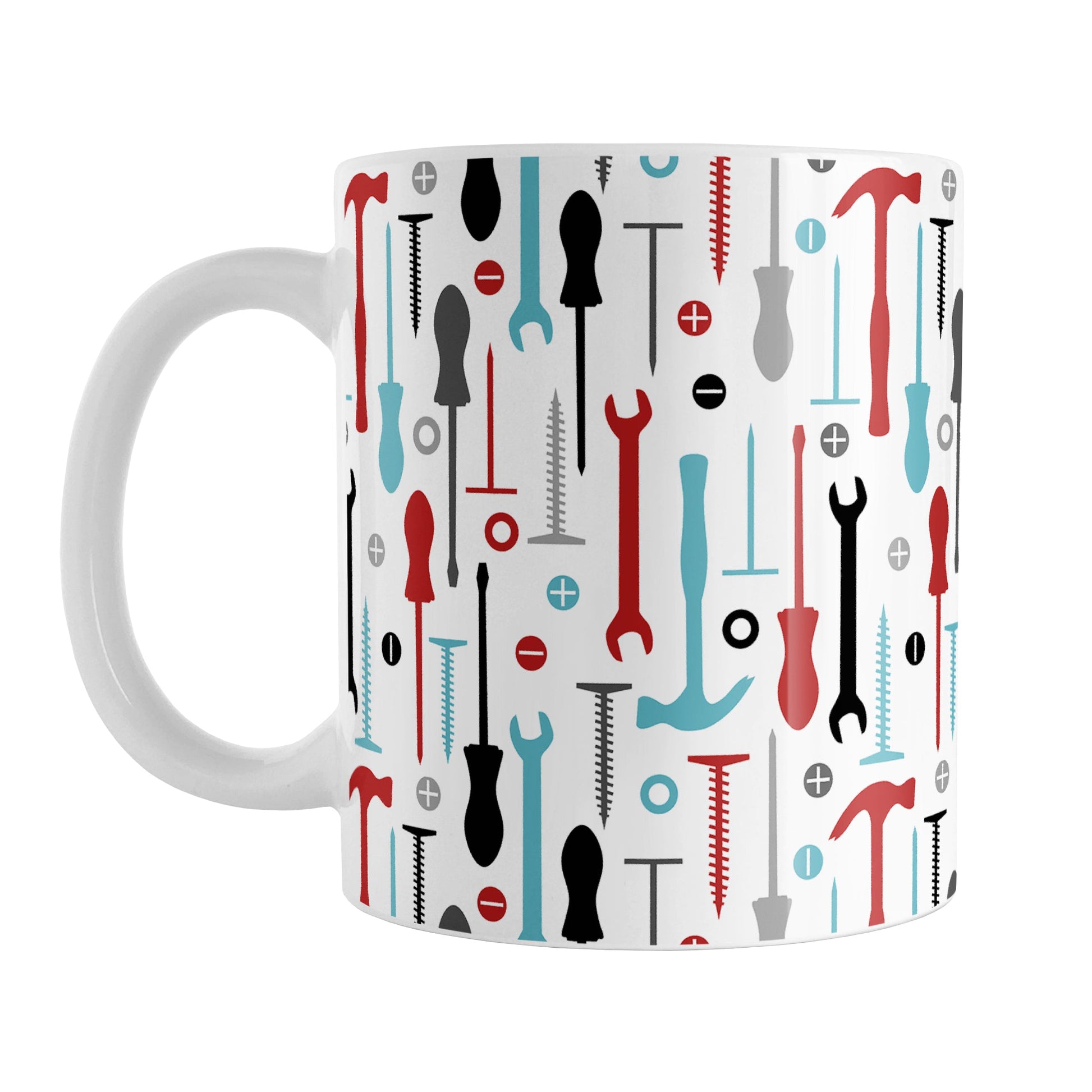 Red Turquoise Tools Pattern Mug (11oz) at Amy's Coffee Mugs. A ceramic coffee mug with a modern style pattern of tools in red, turquoise, black, and gray over white that wraps around the mug to the handle. Perfect for any handyman or contractor.