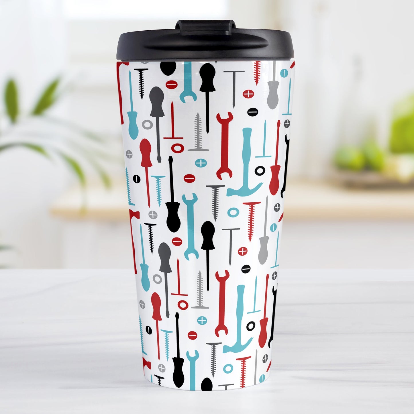 Red Turquoise Tools Pattern Travel Mug (15oz) at Amy's Coffee Mugs. A stainless steel insulated travel mug with a modern style pattern of tools in red, turquoise, black, and gray over white that wraps around the mug. Perfect for any handyman or contractor.